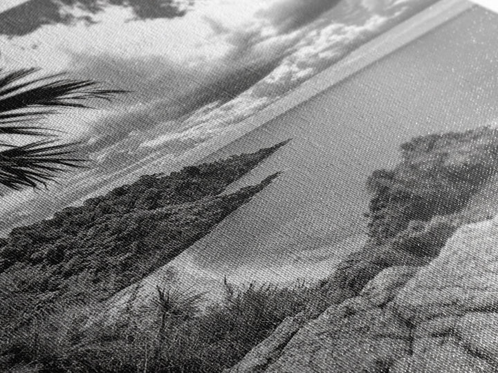Island View Cliffs, Tropical Shoreline, Black and White Seascape, Framed Canvas Print, Bathroom Art, Travel Decor, Coastal Vibe