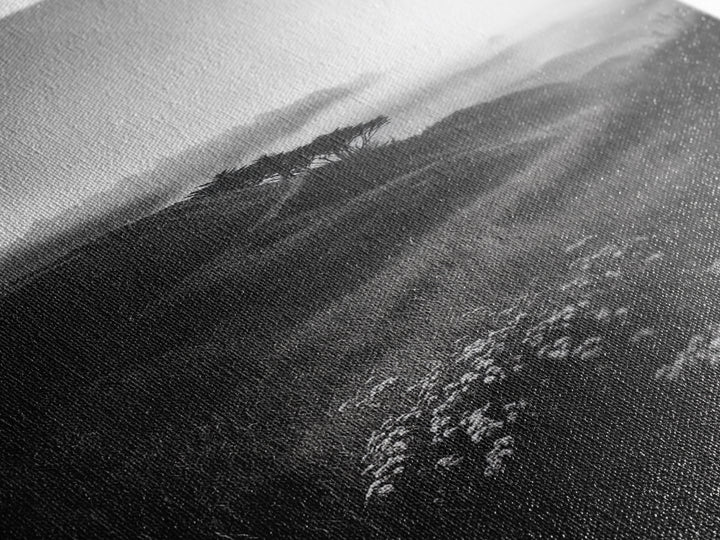 Rolling Mist Hills, Dreamy Countryside, Framed Canvas Print, Black and White Wall Art, Bedroom Calm Decor, Nature Landscape