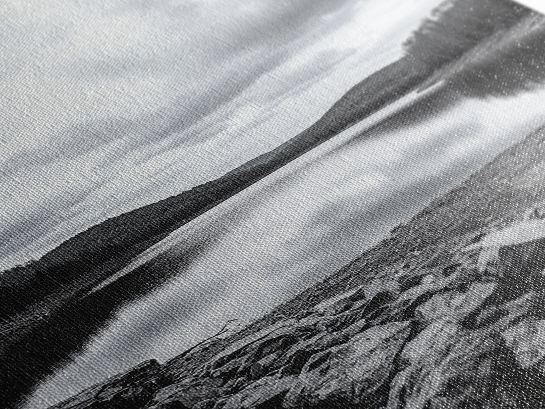 Misty Lake View, Peaceful Reflections, Nature Tranquility, Framed Canvas Print, Bedroom Wall Art, Black and White Landscape, Minimalist Art