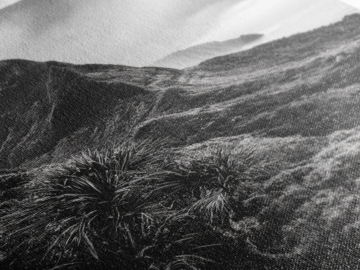 Lush Mountain Range, Cloud Covered Peaks, Jungle Tranquility, Framed Canvas Print, Entryway Wall Art, Black and White Nature, Boho Wall Art