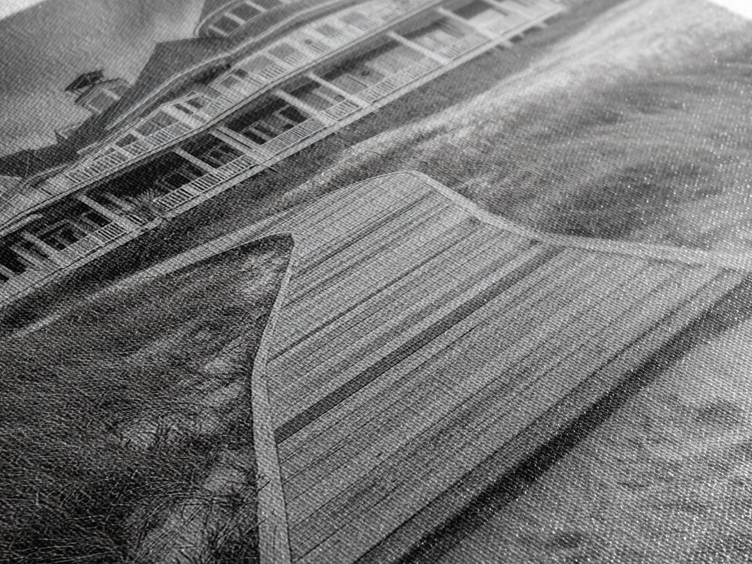 Beach House, Boardwalk Path, Coastal Architecture, Framed Canvas Print, Hallway Wall Art, Neutral Tones, Minimalist Coastal Style