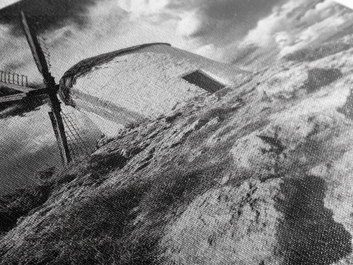 Windmill Hill, Dramatic Sky Art, European Landscape, Framed Canvas Print, Entryway Wall Art, Rustic Decor, Monochrome Photography