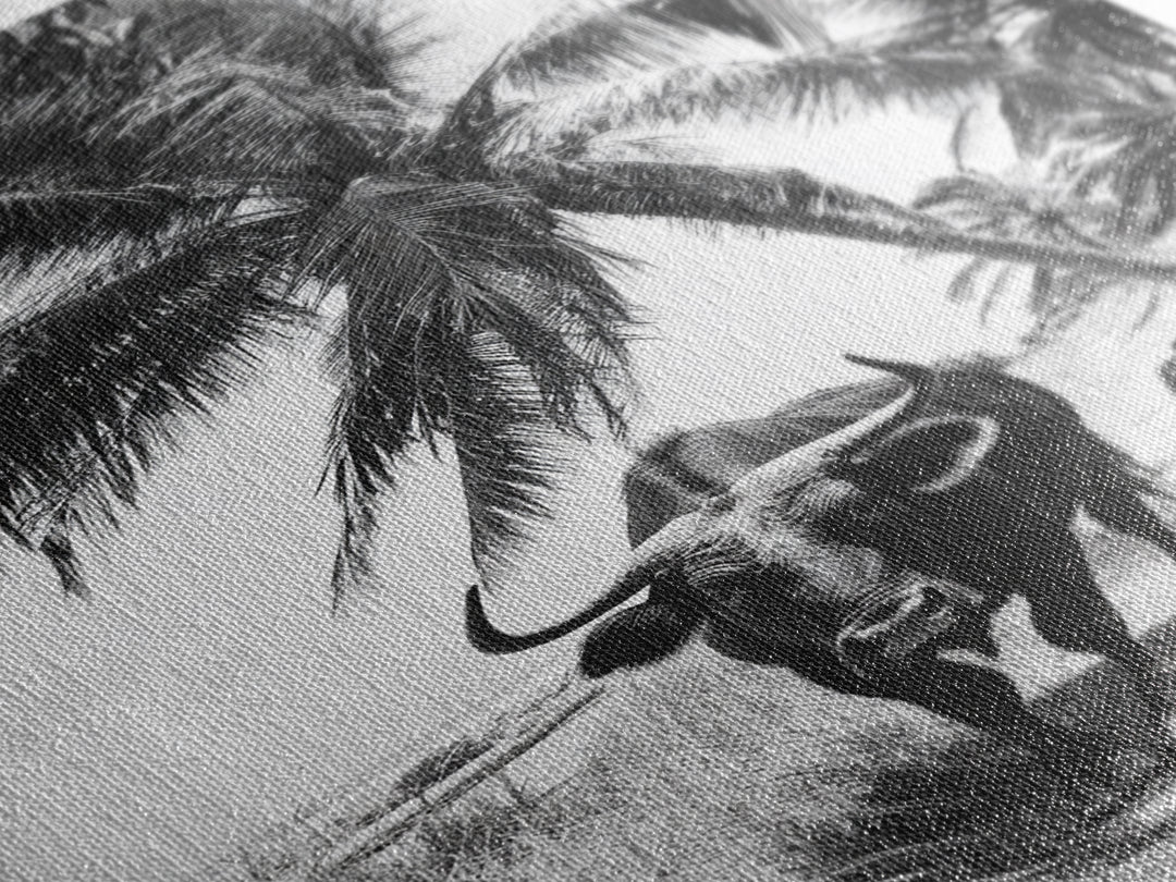 Tropical Bull, Palm Tree, Island Wildlife, Rural Photography, Framed Canvas Print, Kitchen Wall Art, Exotic Boho Decor, farmhouse decor