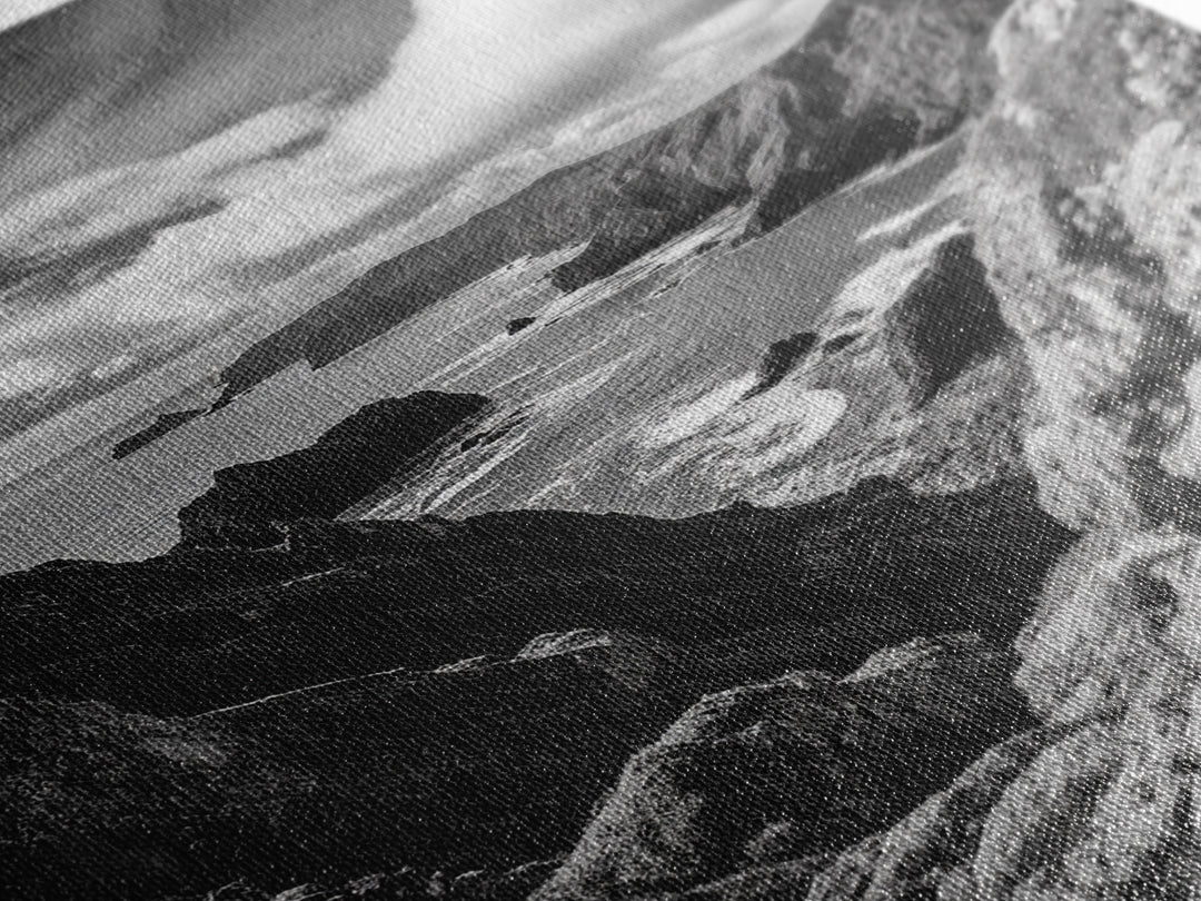 Rugged Cliffs, Ocean View, Coastal Escape, Framed Canvas Print, black and white coastal art, beach house wall decor, moody ocean print