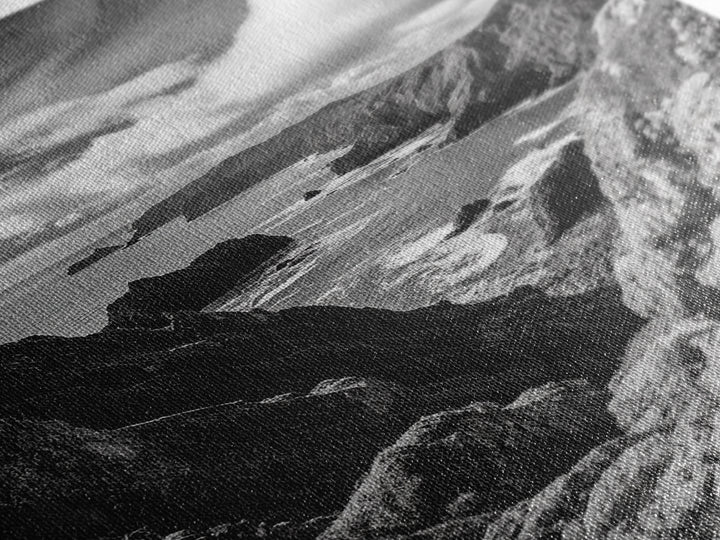 Rugged Cliffs, Ocean View, Coastal Escape, Framed Canvas Print, black and white coastal art, beach house wall decor, moody ocean print