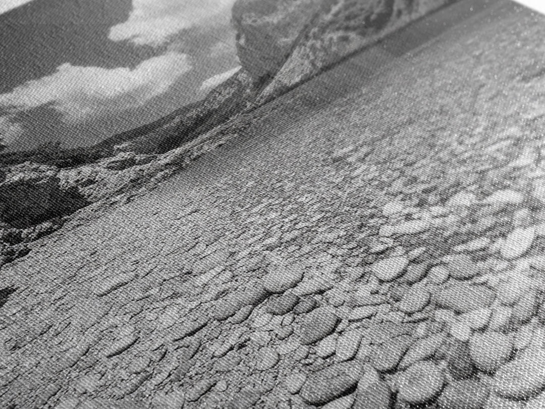 Rocky Beach, Crystal Water, Mountain Backdrop, Framed Canvas Print, tranquil lake art, minimalist decor, natural wall art