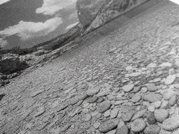 Rocky Beach, Crystal Water, Mountain Backdrop, Framed Canvas Print, tranquil lake art, minimalist decor, natural wall art