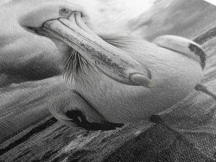 Bold Pelican, Coastal Storm, Bird Portrait, Canvas Print, wildlife wall art, beach house decor, dramatic black and white animal art