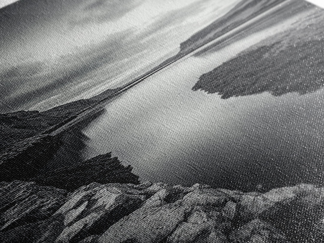 River Gorge, Twilight Reflections, Cliffside Calm, Canvas Print, Moody Black White Wall Art, Bedroom or Office Decor, Dramatic Landscape