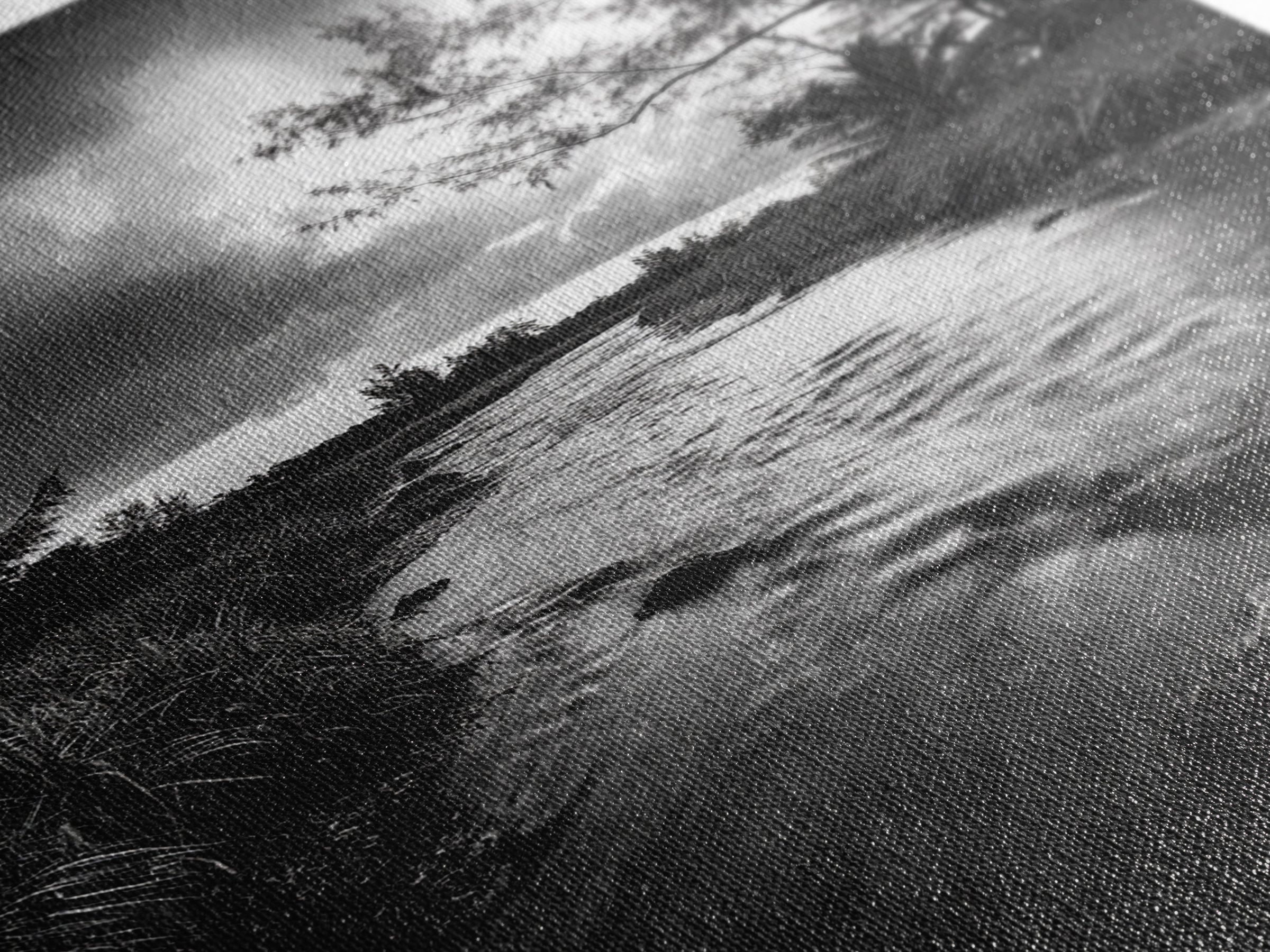 River Flow, Storm Clouds, Nature Trees, Monochrome Scene, Framed Canvas Print, Bathroom Wall Art, Moody Landscape, Rustic Home Decor