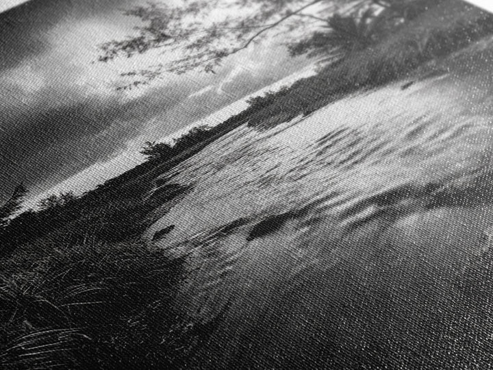 River Flow, Storm Clouds, Nature Trees, Monochrome Scene, Framed Canvas Print, Bathroom Wall Art, Moody Landscape, Rustic Home Decor