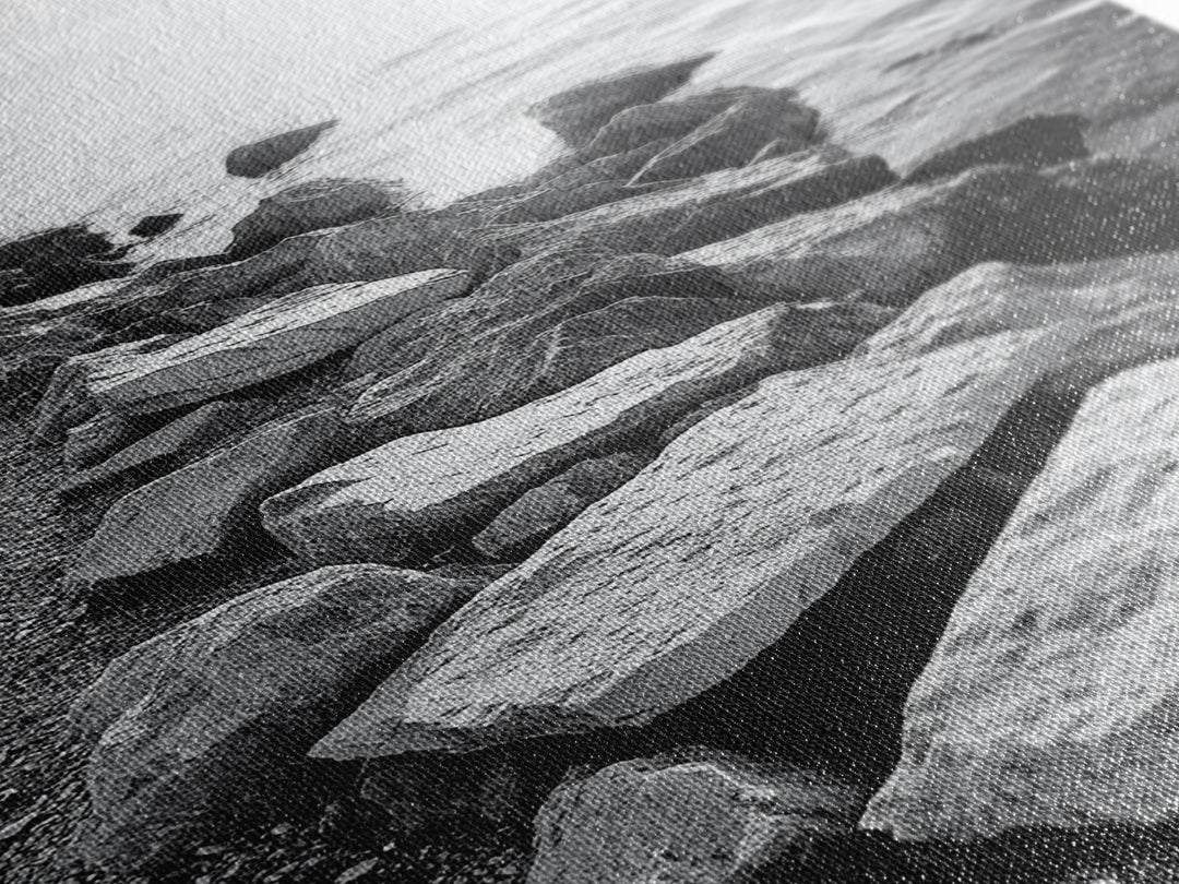 Shore Rocks, Sunlit Ocean, Rugged Texture, Minimal Horizon, Framed Canvas Print, Entryway Wall Art, Beach Decor, Neutral Tones