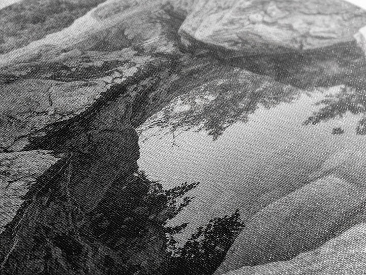 Reflective Rock Pool, Tranquil Nature, Monochrome Landscape, Black and White Framed Canvas Print, Minimalist Bathroom or Spa Wall Art