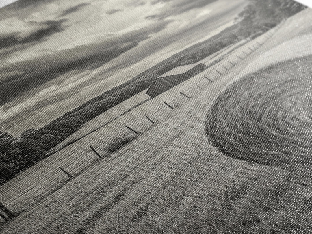 Autumn Hay Bale, Farm Field Scene, Country Landscape, Black and White Canvas Print, Rustic Kitchen or Fall Living Room Wall Art