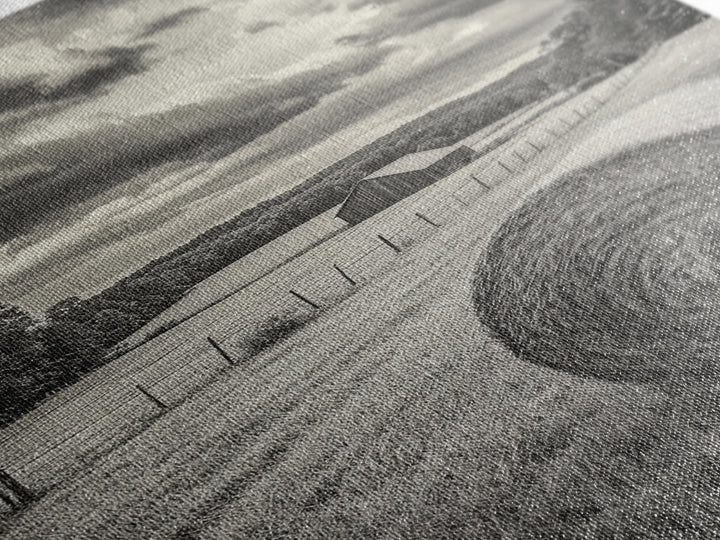 Autumn Hay Bale, Farm Field Scene, Country Landscape, Black and White Canvas Print, Rustic Kitchen or Fall Living Room Wall Art