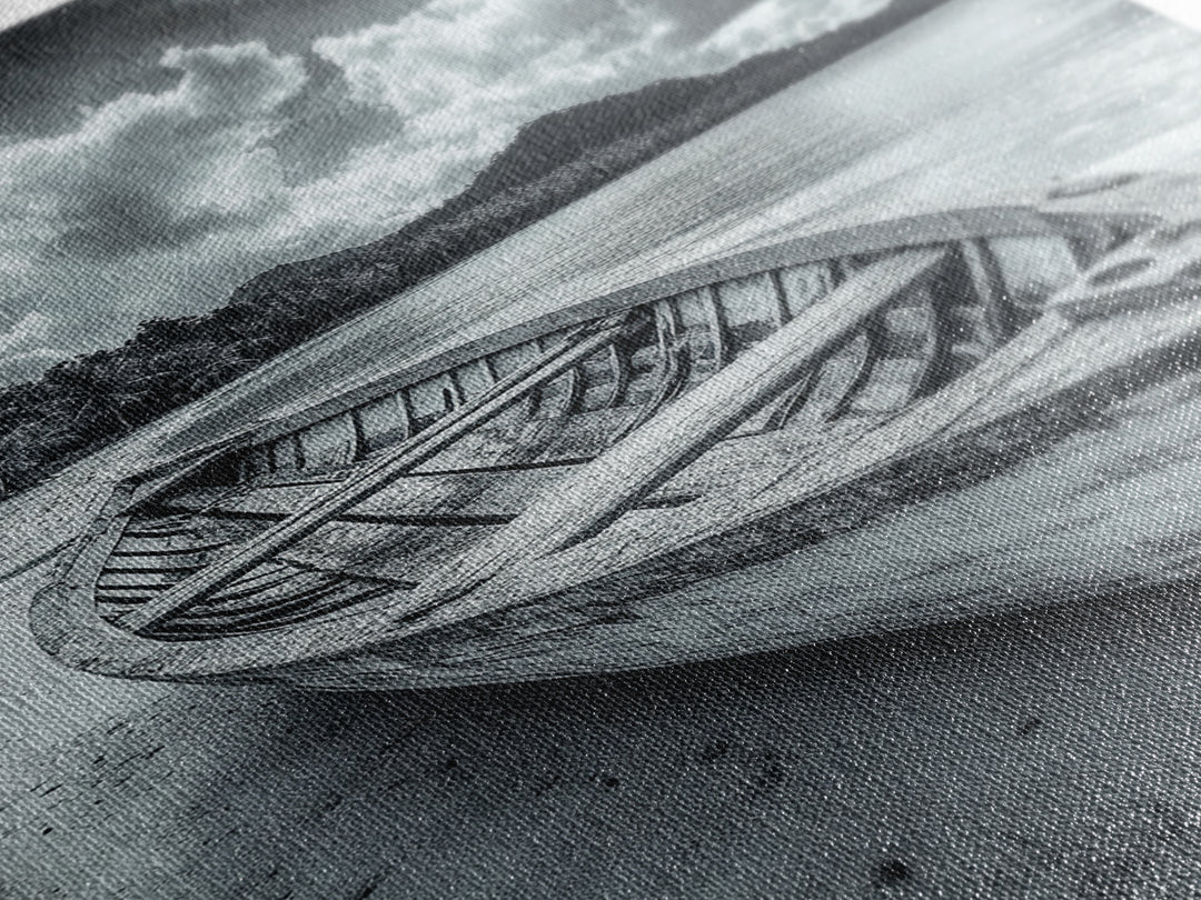 Abandoned Rowboat, Tropical Coastline, Vintage Travel Vibes, Black and White Canvas Print, Beach House or Coastal Living Wall Art