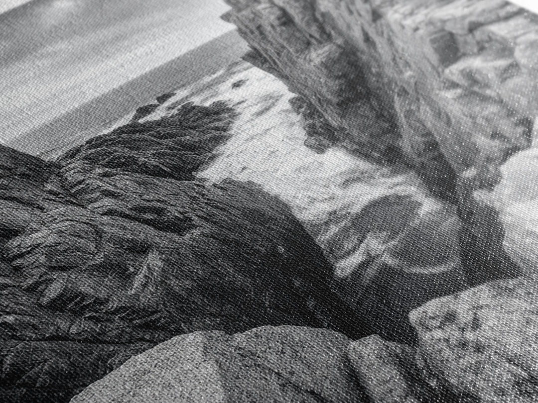 Ocean Cliff Pass, Rugged Coastal Rocks, Nature Power, Monochrome Framed Canvas Print, Moody Bathroom or Masculine Office Art