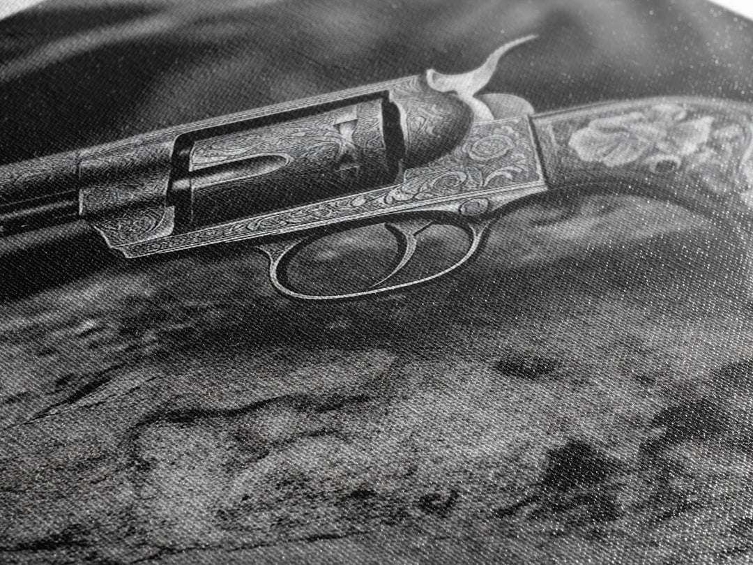 Floral Engraved Revolver, Vintage Western Gun, Cowboy Detail Shot, Canvas Print, Man Cave Art, Rustic Americana Wall Style