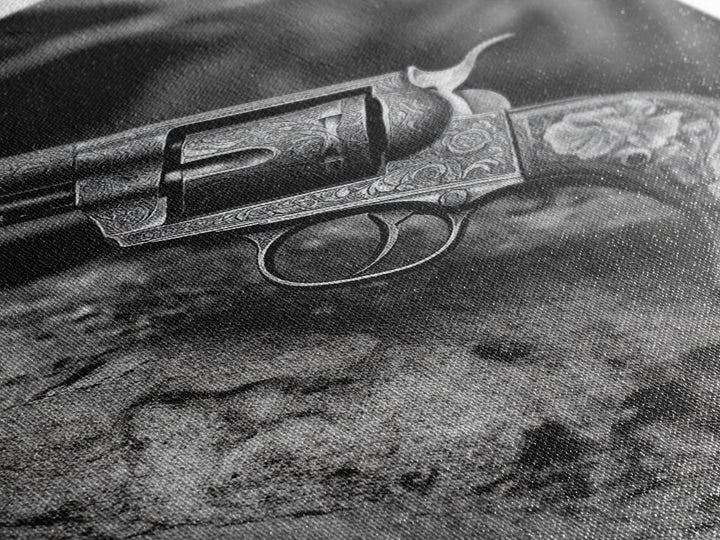 Floral Engraved Revolver, Vintage Western Gun, Cowboy Detail Shot, Canvas Print, Man Cave Art, Rustic Americana Wall Style