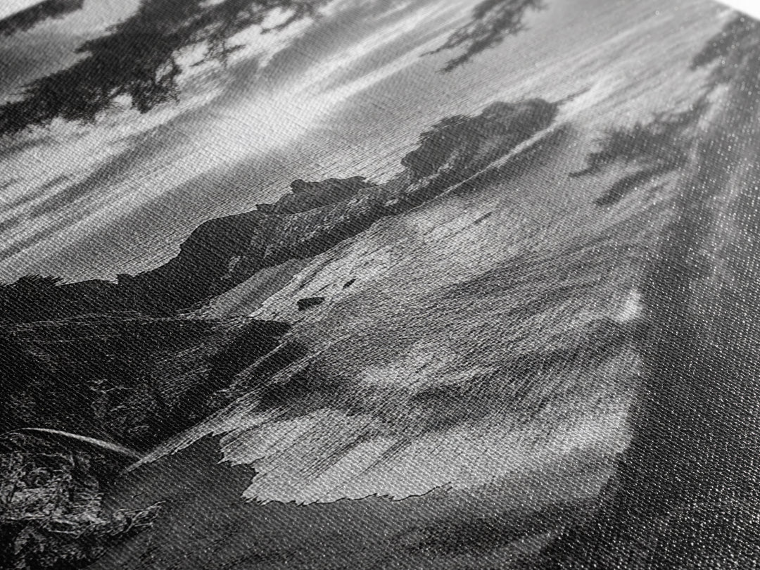 Cliffside Ocean View, Sunset Horizon, Trees Framing Sky, Canvas Print, Coastal Landscape Art, Cabin Living Room Decor, Moody Style