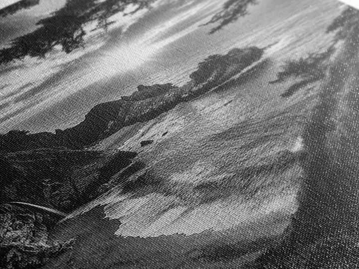 Cliffside Ocean View, Sunset Horizon, Trees Framing Sky, Canvas Print, Coastal Landscape Art, Cabin Living Room Decor, Moody Style