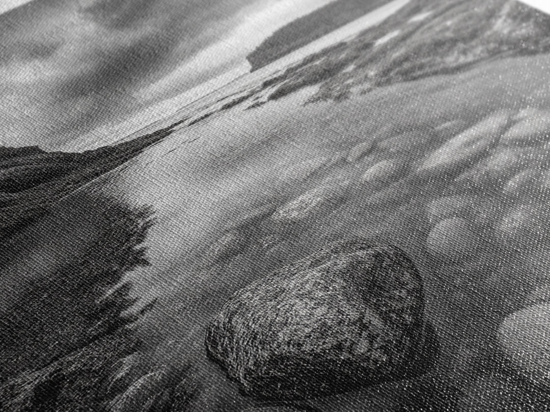 Rocky Shoreline Calm, Pebble Tidepool, Ocean Cliffs, Nature Escape, Canvas Print, Bathroom Wall Art, Black and White Coastal Art