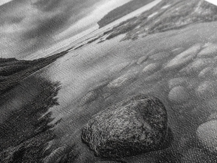 Rocky Shoreline Calm, Pebble Tidepool, Ocean Cliffs, Nature Escape, Canvas Print, Bathroom Wall Art, Black and White Coastal Art