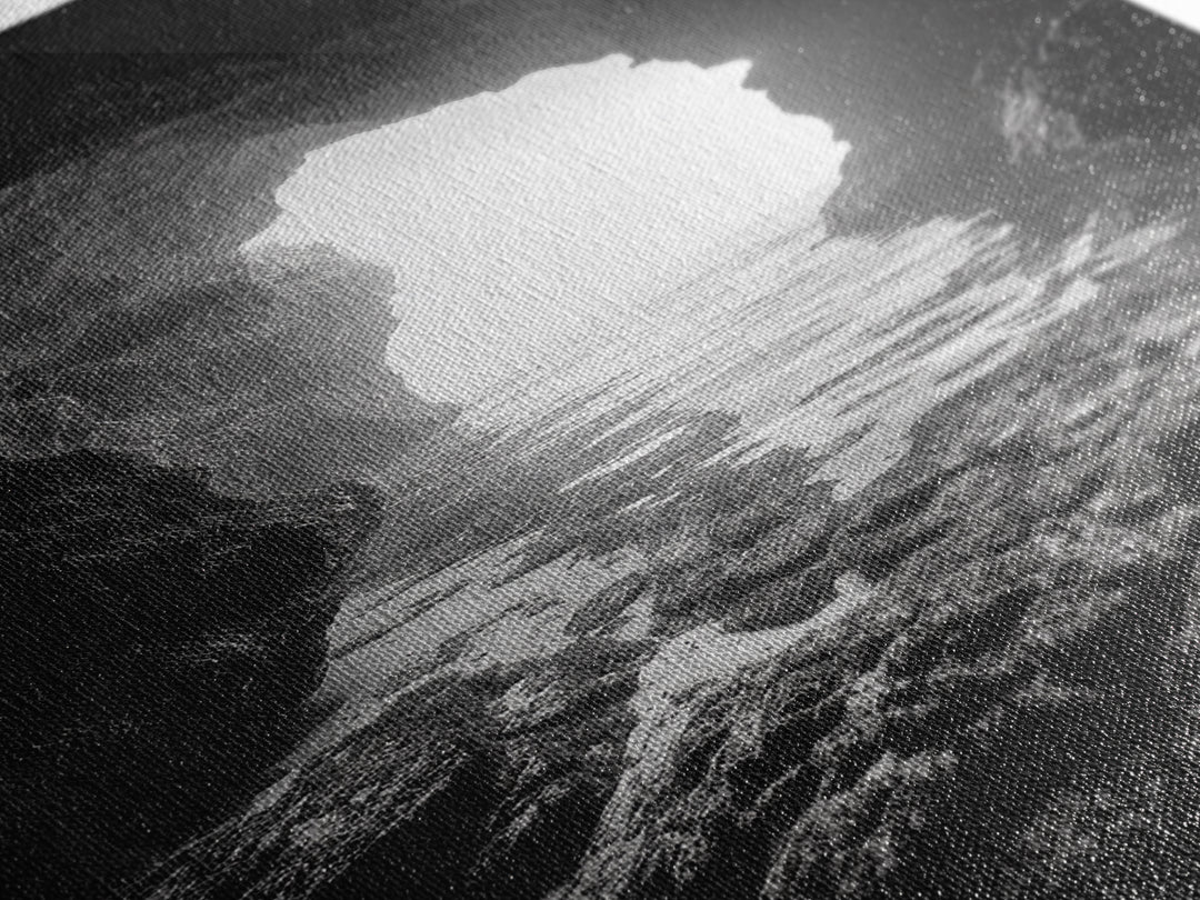 Sea Cave Entrance, Ocean Grotto, Light Escape, Rocky Tide, Canvas Print, Bathroom Wall Art, Black and White Seascape Photo