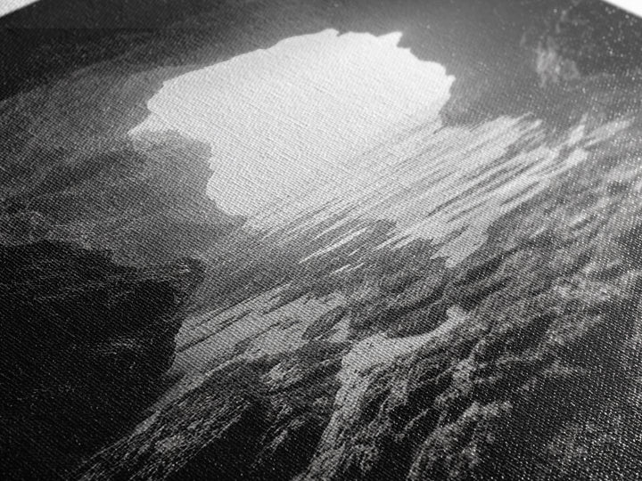 Sea Cave Entrance, Ocean Grotto, Light Escape, Rocky Tide, Canvas Print, Bathroom Wall Art, Black and White Seascape Photo