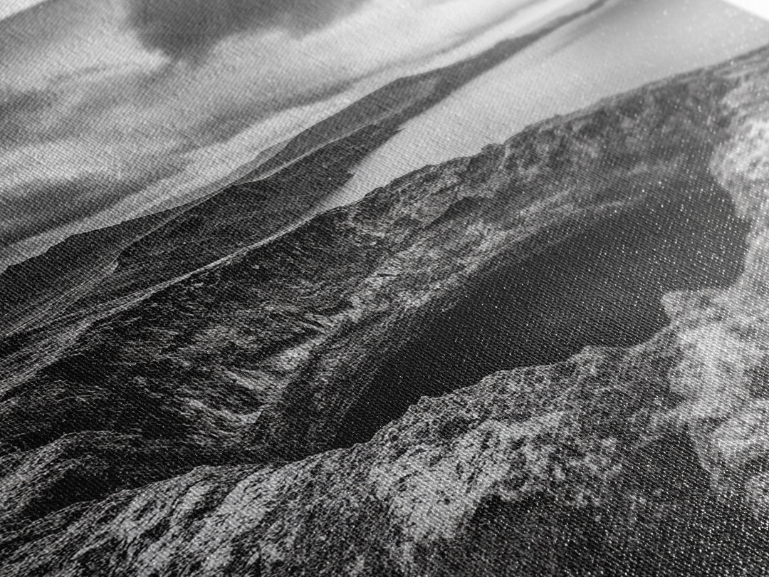 Crater Overlook Coast, Stormy Sky Mountains, Ocean Cliffs, Rugged Wilderness, Canvas Print, Den Wall Art, Moody Black and White Art