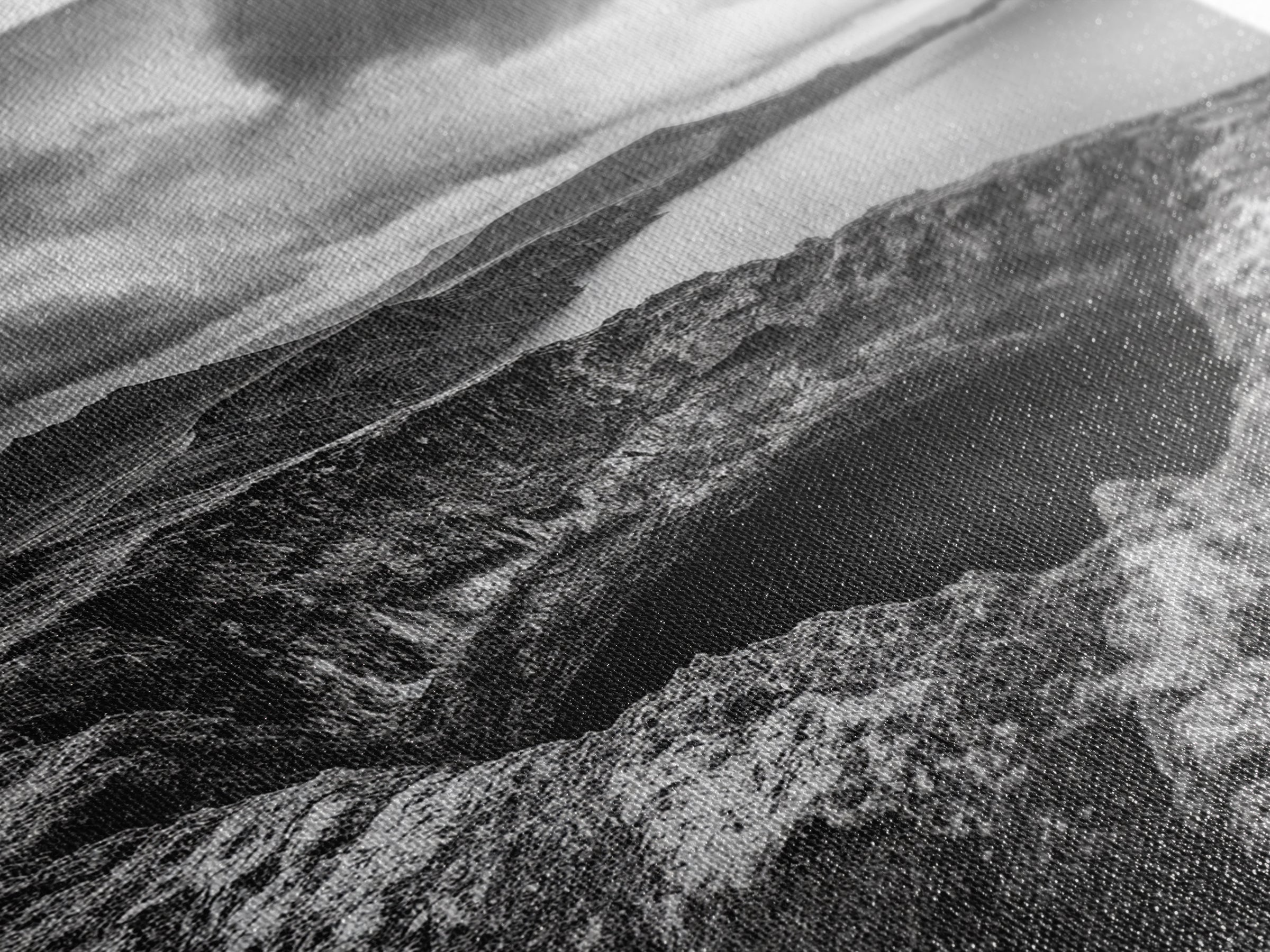 Crater Overlook Coast, Stormy Sky Mountains, Ocean Cliffs, Rugged Wilderness, Canvas Print, Den Wall Art, Moody Black and White Art