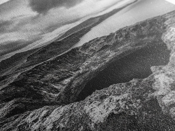 Crater Overlook Coast, Stormy Sky Mountains, Ocean Cliffs, Rugged Wilderness, Canvas Print, Den Wall Art, Moody Black and White Art