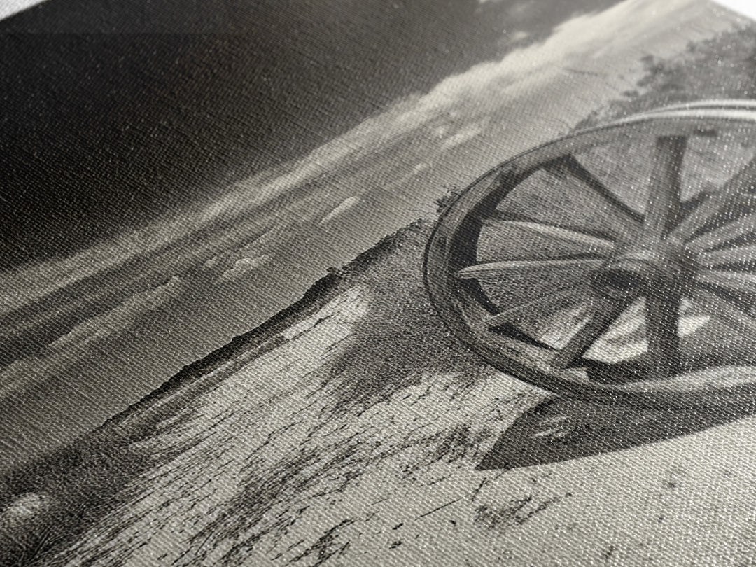 Desert Path, Wagon Wheel, Western Minimalism, Canvas Print, Boho Wall Decor, Neutral Tones, Entryway Art, Rustic Country Style