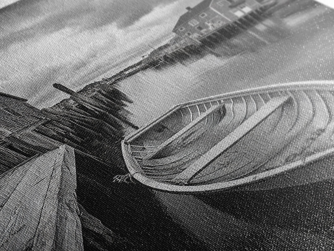 Docked Rowboat Scene, Calm Harbor, Coastal Village, Still Waters, Framed Canvas Print, Seaside Art, Beach House Wall Decor