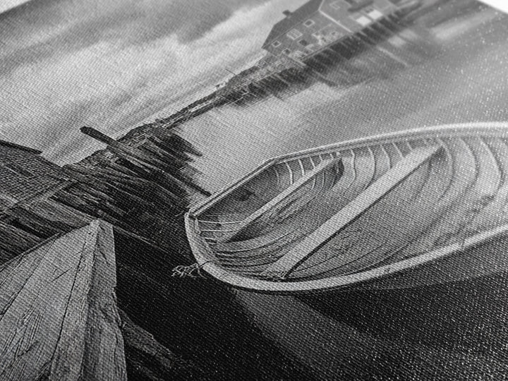 Docked Rowboat Scene, Calm Harbor, Coastal Village, Still Waters, Framed Canvas Print, Seaside Art, Beach House Wall Decor