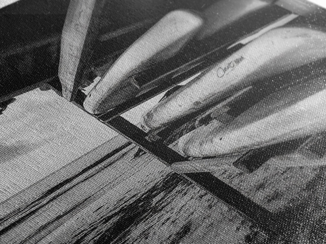 Canoes, Rack, Ocean, Shelter - Surf shack vibes with coastal canoe stack, Framed Canvas Print, great beach house or boho hallway art, grayscale