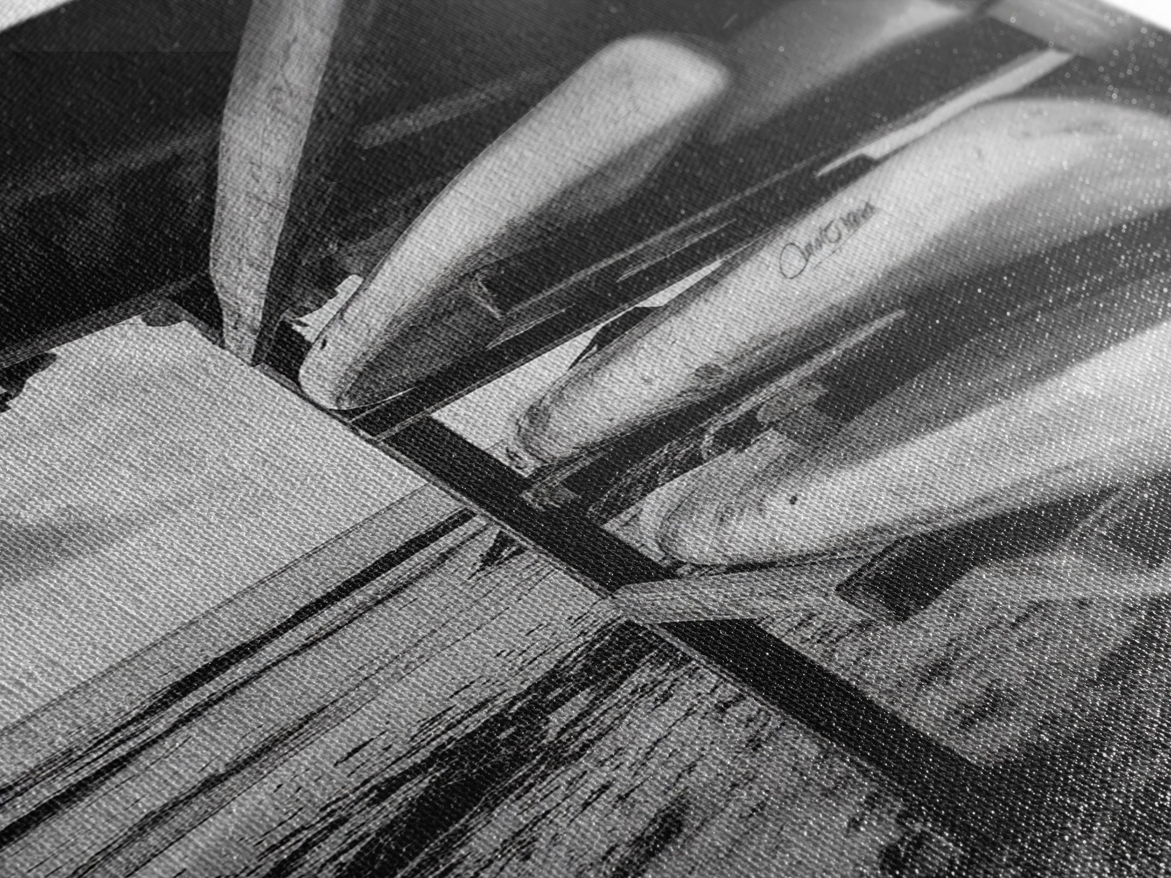 Canoes, Rack, Ocean, Shelter - Surf shack vibes with coastal canoe stack, Framed Canvas Print, great beach house or boho hallway art, grayscale