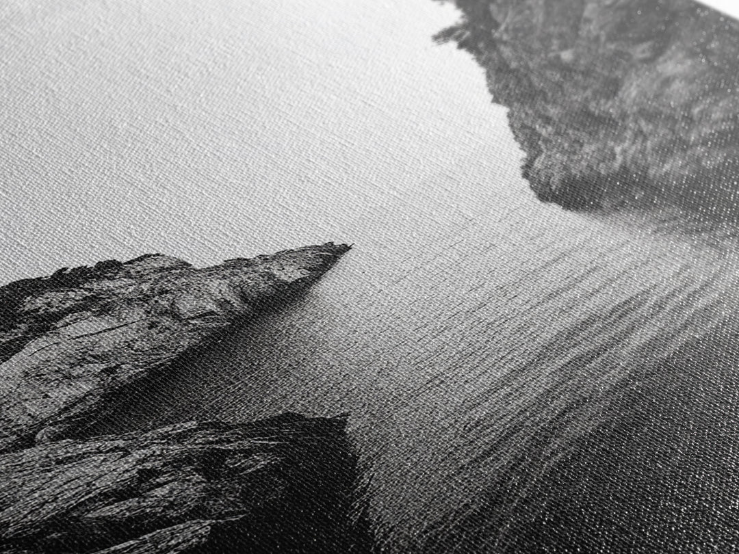 Cliffs, Ocean, Channel, Serenity - Dramatic rocky inlet view, Framed Canvas Print, ideal bathroom or hallway wall art, nature lover minimalist