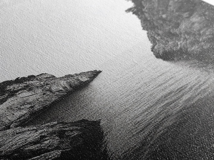 Cliffs, Ocean, Channel, Serenity - Dramatic rocky inlet view, Framed Canvas Print, ideal bathroom or hallway wall art, nature lover minimalist