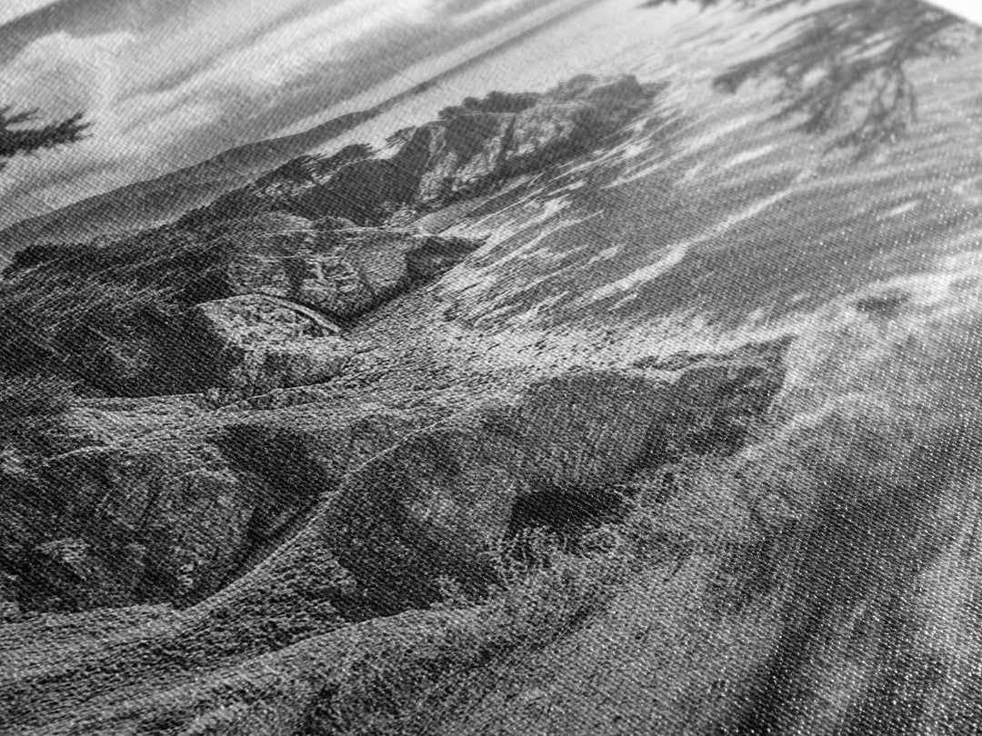 Coastal Cliff, Ocean View, Rocky Shoreline, Framed Canvas Print, Black and White Art, Coastal Living Wall Decor, Nature Landscape Art