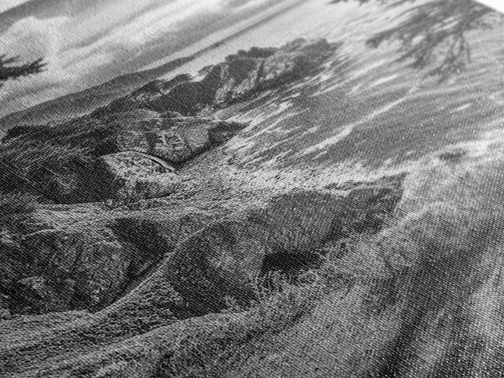 Coastal Cliff, Ocean View, Rocky Shoreline, Framed Canvas Print, Black and White Art, Coastal Living Wall Decor, Nature Landscape Art