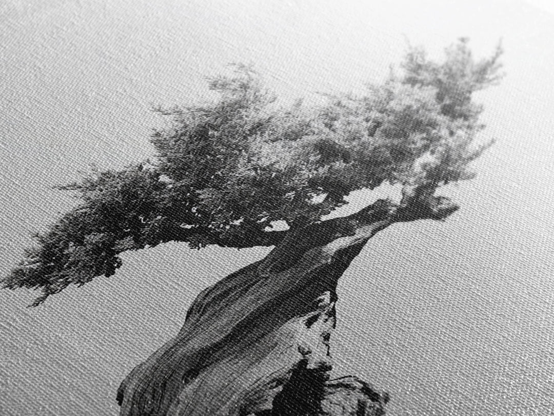 Bonsai Tree, Windswept Wood, Minimal Zen, Canvas Print, Japanese Style Art, Wabi Sabi Decor, Monochrome Botanical Wall Accent