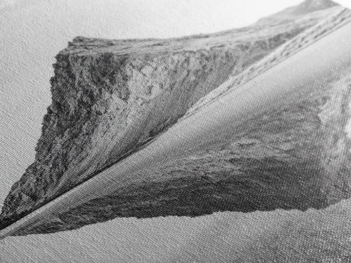 Mountain Mirror, Coastal Peak, Serene Beach, Canvas Print, Minimalist Landscape Art, Modern Living Room Wall Decor, Monochrome Nature Style