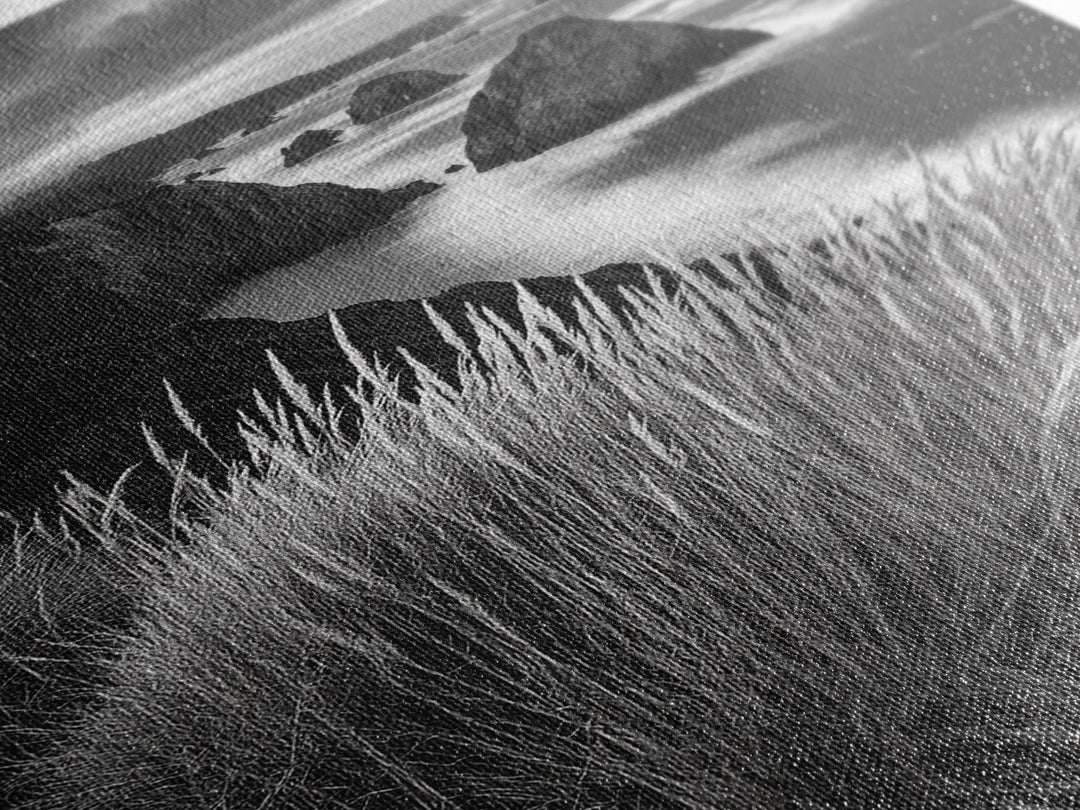 Coastal Cliffs, Ocean Rocks, Tall Grass, Canvas Print, Windswept Landscape Art, Beach House Wall Decor, Monochrome Nature Scene