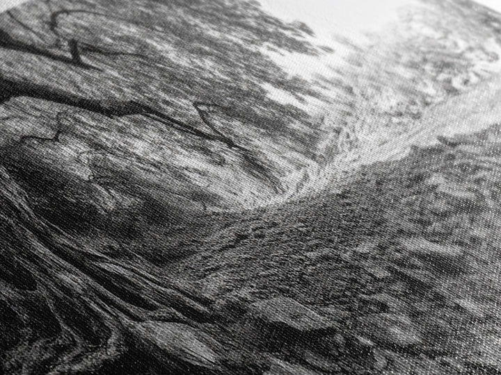 River Tree Roots, Tranquil Forest Landscape, Nature Wall Decor, Framed Canvas Print, Living Room Art, Black and White Earthy Style