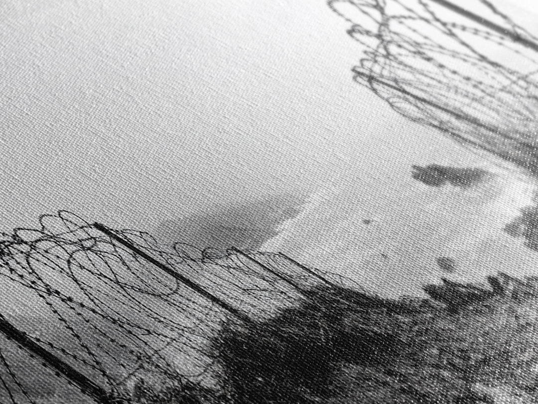 Barbed Coast, Foggy Beach, War Fence, Ocean Boundary, Framed Canvas Print, Industrial Wall Art, Living Room Decor, Black and White Art