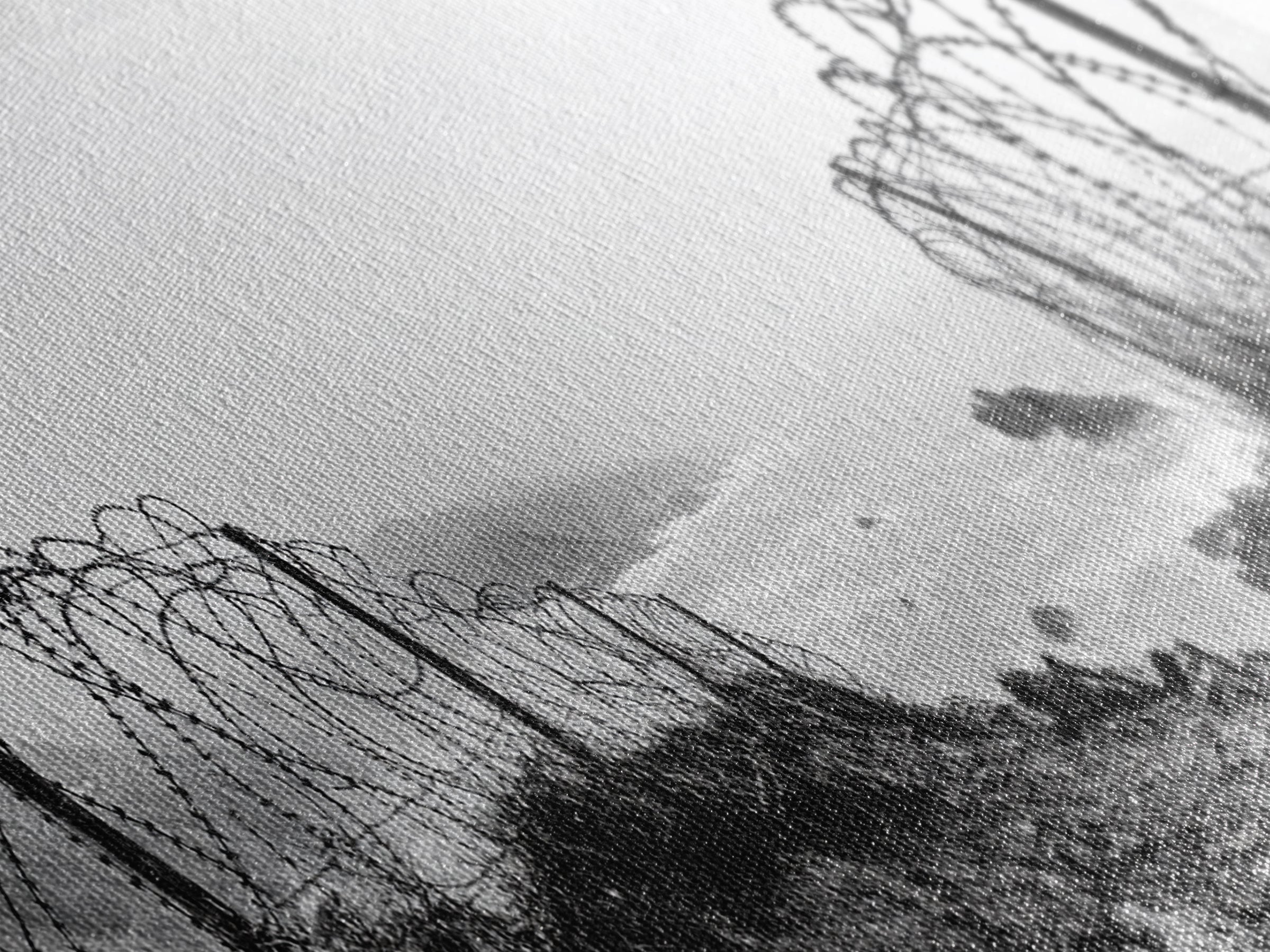 Barbed Coast, Foggy Beach, War Fence, Ocean Boundary, Framed Canvas Print, Industrial Wall Art, Living Room Decor, Black and White Art