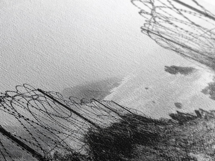 Barbed Coast, Foggy Beach, War Fence, Ocean Boundary, Framed Canvas Print, Industrial Wall Art, Living Room Decor, Black and White Art