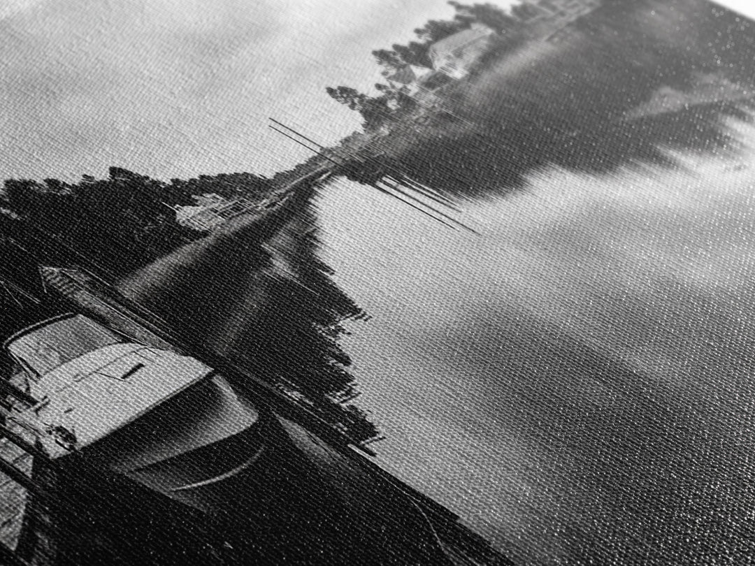 Boat Dock, Quiet Bay, Marina Reflections, Framed Canvas Print, Nautical Wall Art, Lakehouse Decor, Minimalist Coastal Vibes, Black White Art