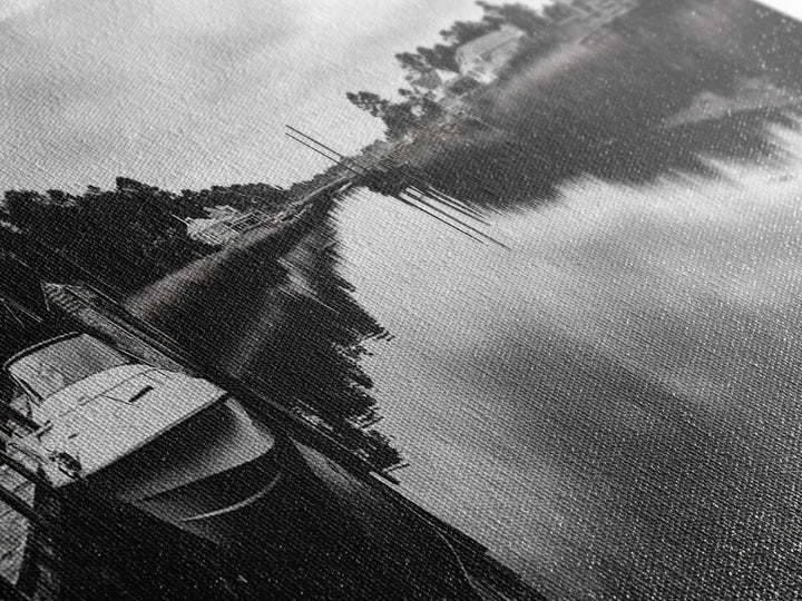 Boat Dock, Quiet Bay, Marina Reflections, Framed Canvas Print, Nautical Wall Art, Lakehouse Decor, Minimalist Coastal Vibes, Black White Art